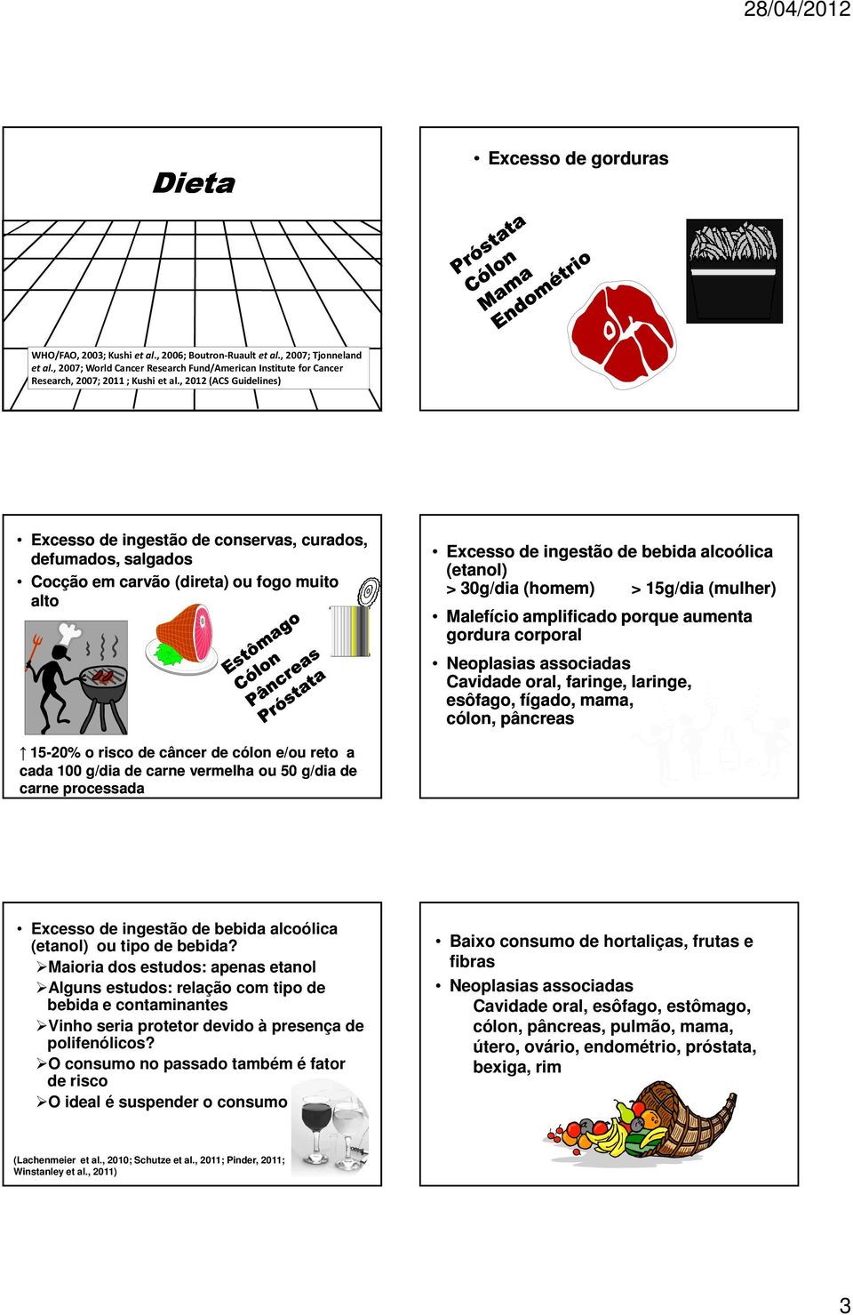 , 2012 (ACS Guidelines) Excesso de ingestão de conservas, curados, defumados, salgados Cocção em carvão (direta) ou fogo muito alto Excesso de ingestão de bebida alcoólica (etanol) > 30g/dia (homem)