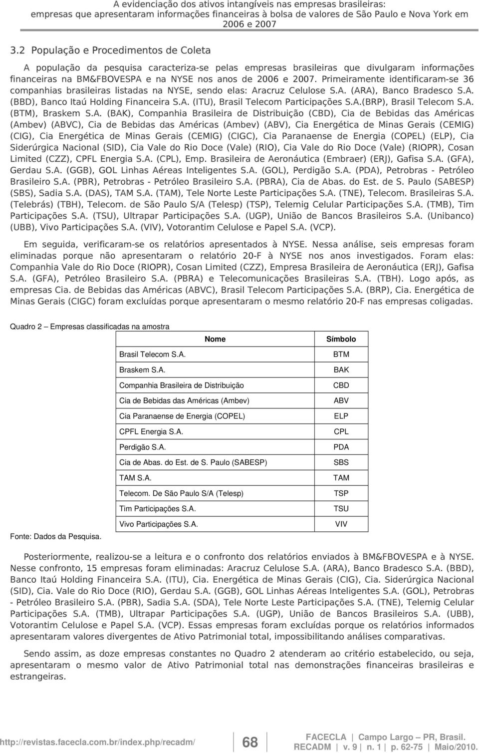 Primeiramente identificaram-se 36 companhias brasileiras listadas na NYSE, sendo elas: Aracruz Celulose S.A. (ARA), Banco Bradesco S.A. (BBD), Banco Itaú Holding Financeira S.A. (ITU), Brasil Telecom Participações S.