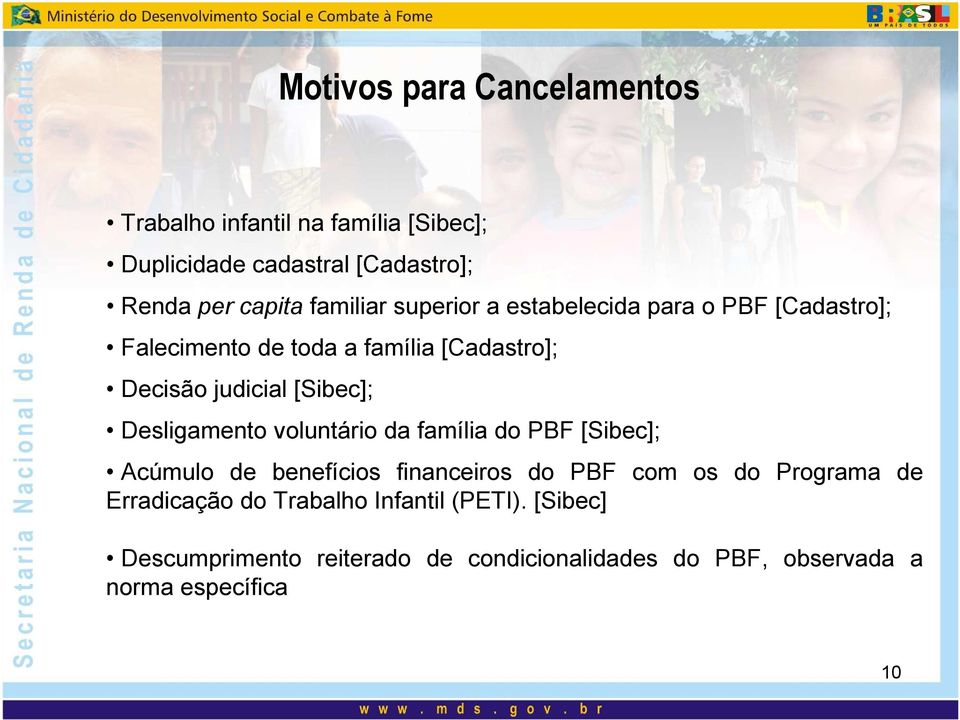 [Sibec]; Desligamento voluntário da família do PBF [Sibec]; Acúmulo de benefícios financeiros do PBF com os do Programa