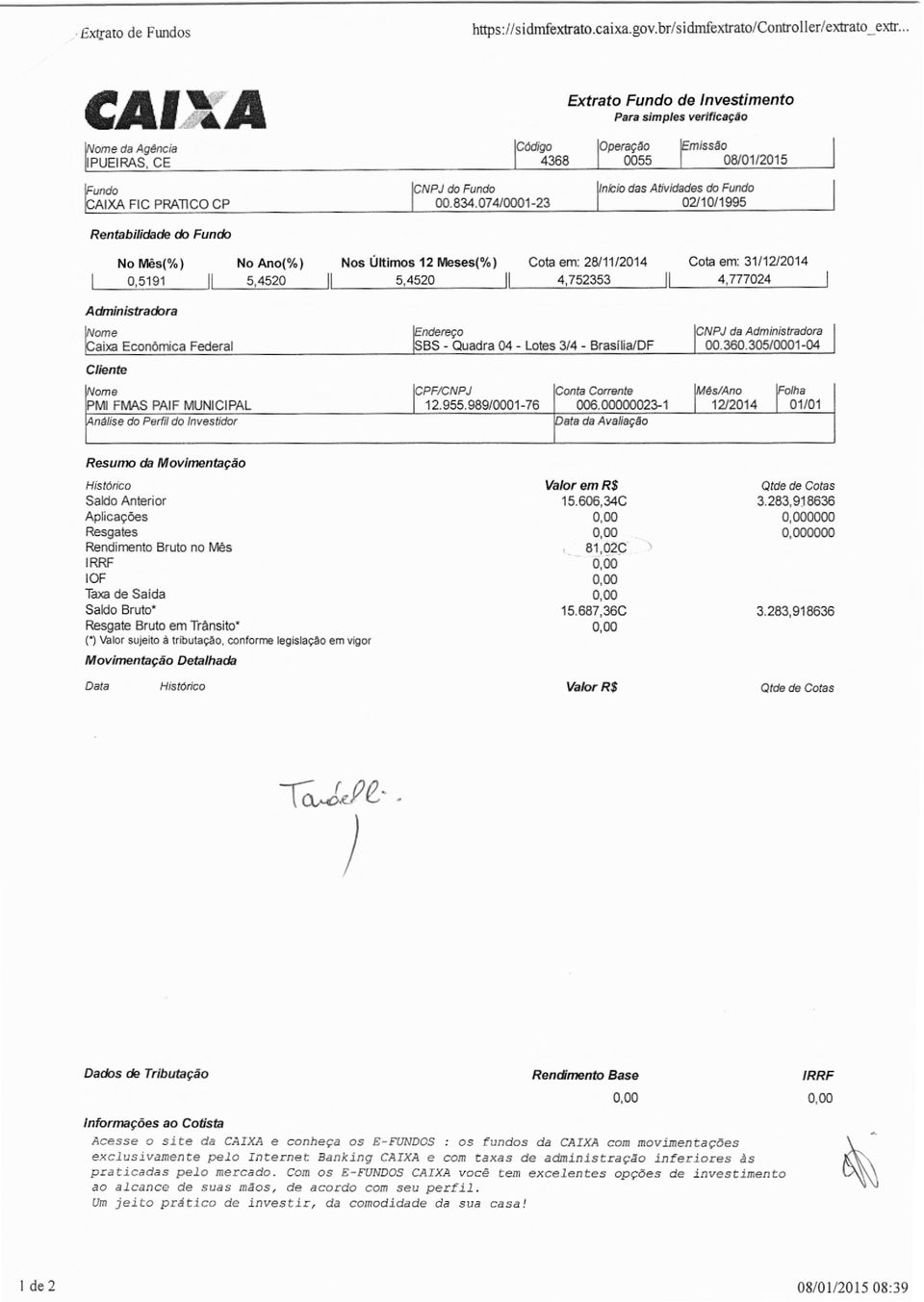 nlcio das Atividades do Fundo ICAIXA FIC PRA11CO CP 00.834.