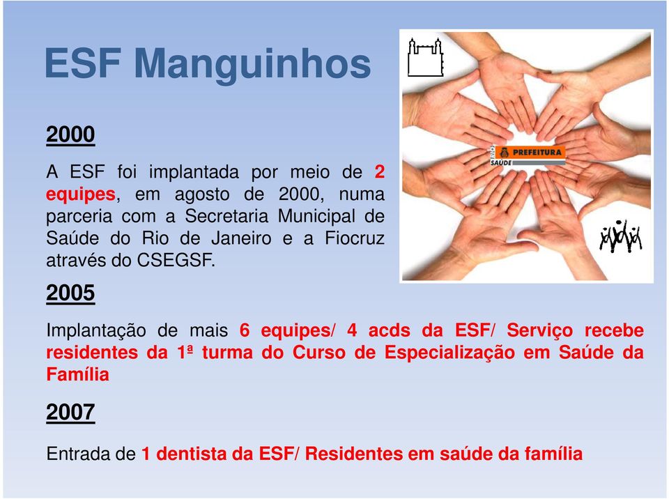 2005 Implantação de mais 6 equipes/ 4 acds da ESF/ Serviço recebe residentes da 1ª turma do
