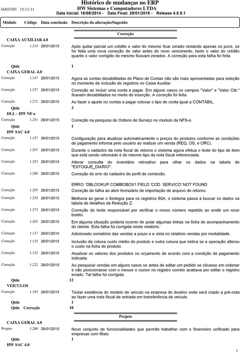 o valor corrigido do mesmo ficavam zerados. A correção para esta falha foi feita. Correção 1.