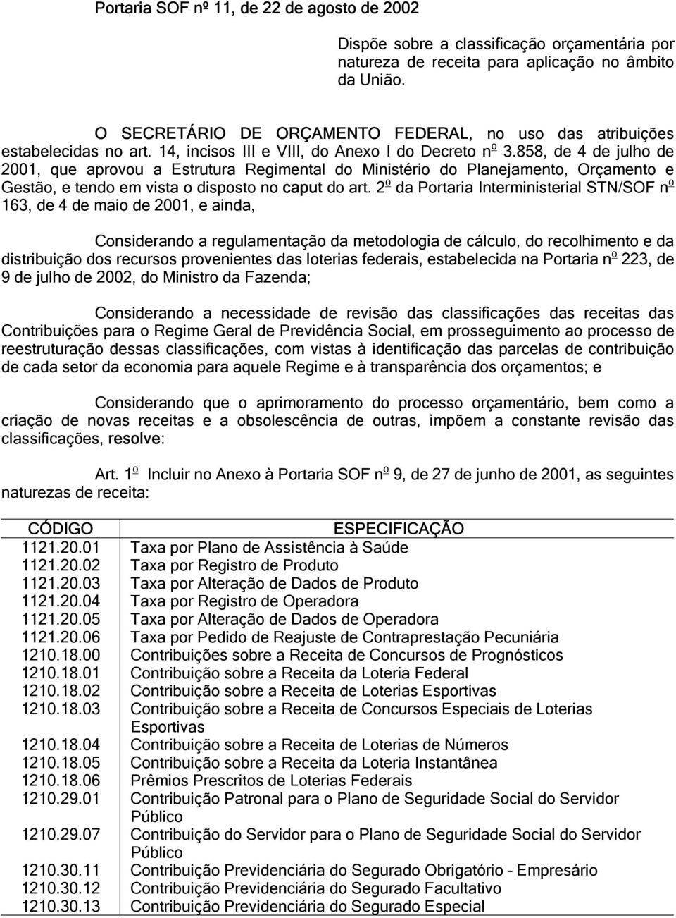 858, de 4 de julho de 2001, que aprovou a Estrutura Regimental do Ministério do Planejamento, Orçamento e Gestão, e tendo em vista o disposto no caput do art.