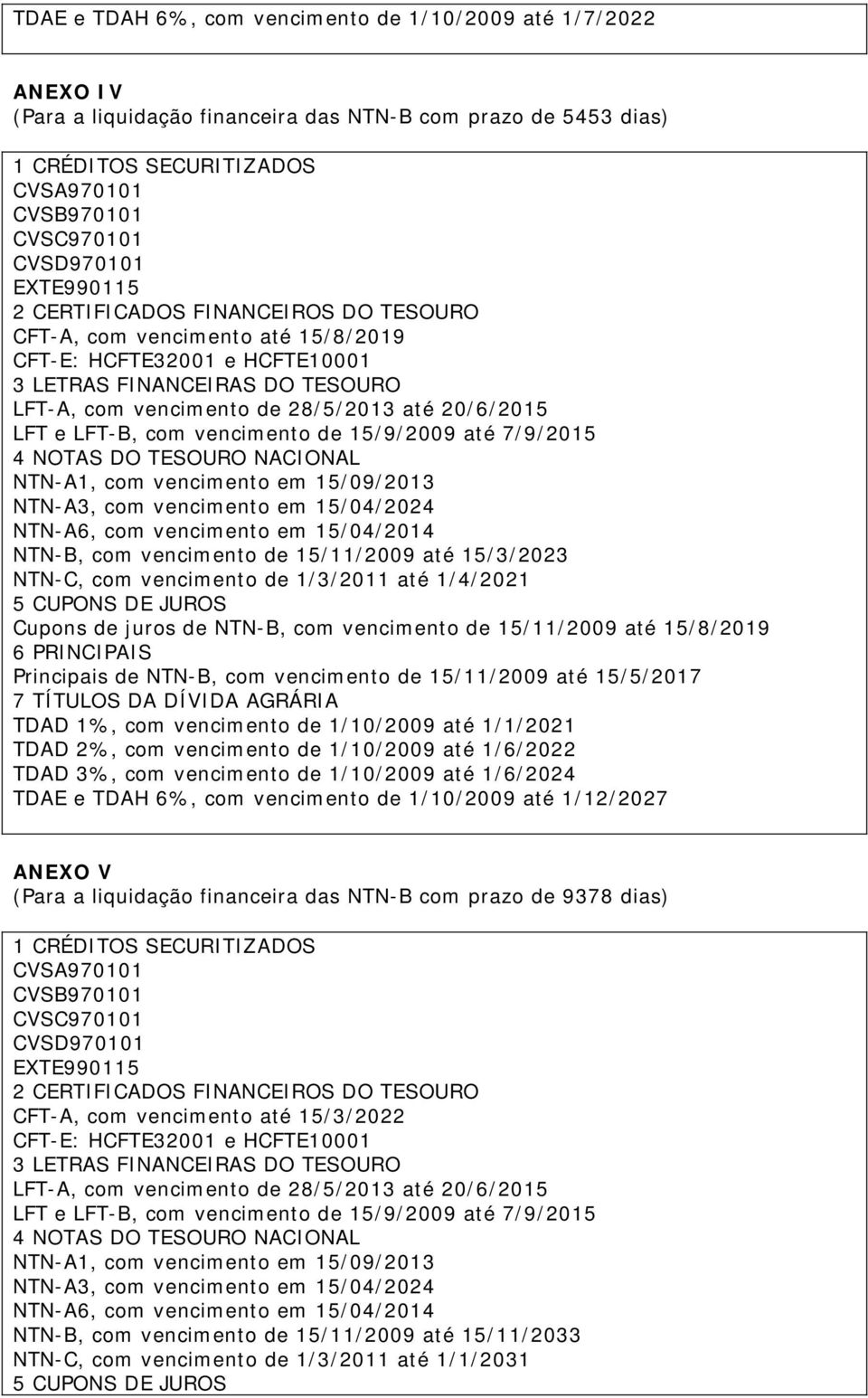 Cupons de juros de NTN-B, com vencimento de 15/11/2009 até 15/8/2019 Principais de NTN-B, com vencimento de 15/11/2009 até 15/5/2017 TDAD 1%, com vencimento de 1/10/2009 até 1/1/2021 TDAD 2%, com