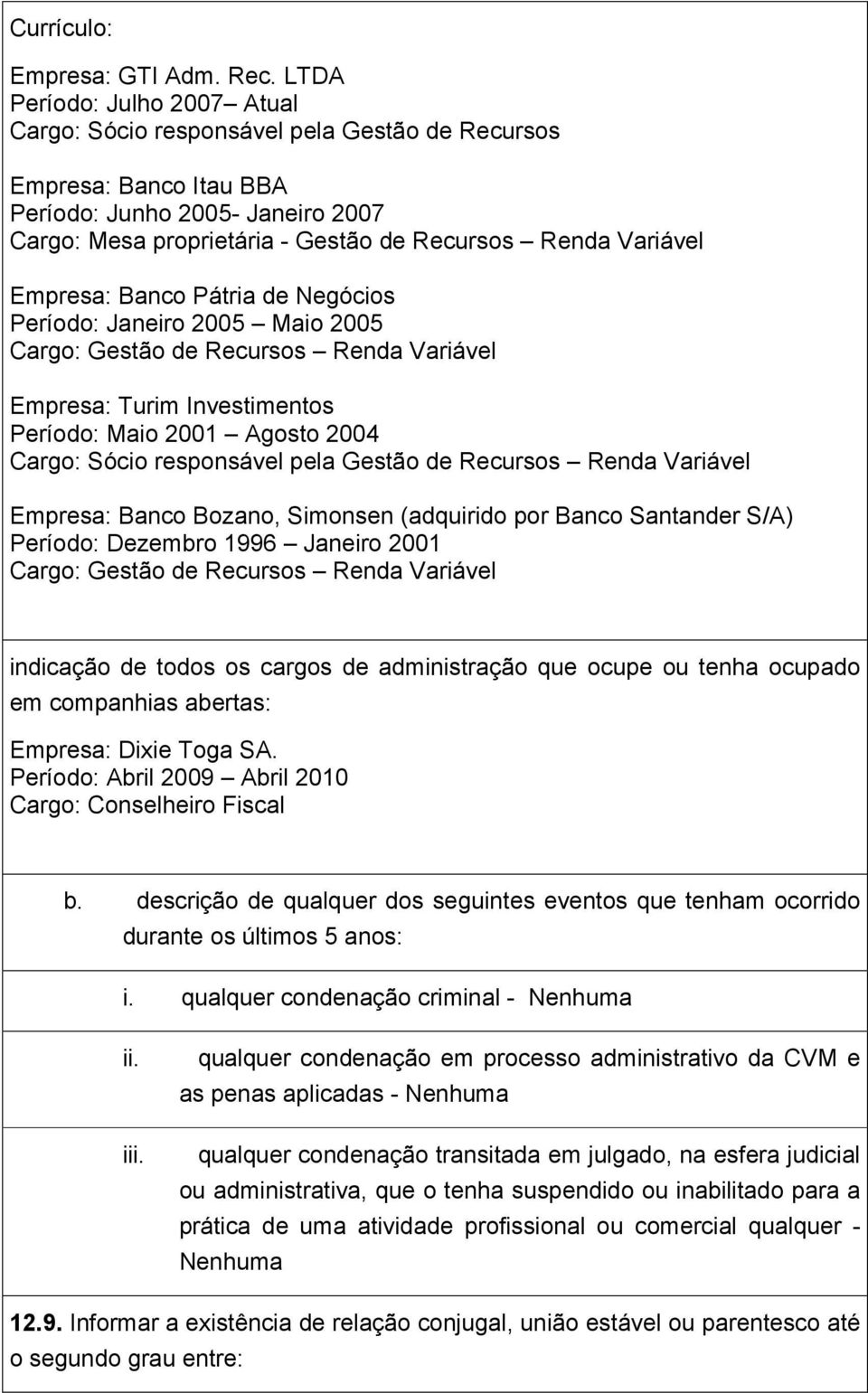 Empresa: Banco Pátria de Negócios Período: Janeiro 2005 Maio 2005 Cargo: Gestão de Recursos Renda Variável Empresa: Turim Investimentos Período: Maio 2001 Agosto 2004 Cargo: Sócio responsável pela