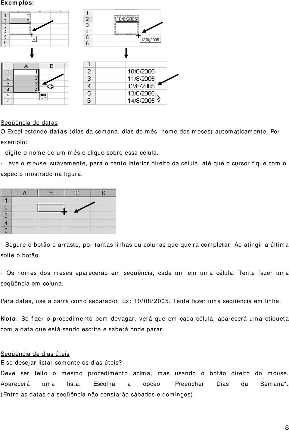 - Segure o botão e arraste, por tantas linhas ou colunas que queira completar. Ao atingir a última solte o botão. - Os nomes dos meses aparecerão em seqüência, cada um em uma célula.