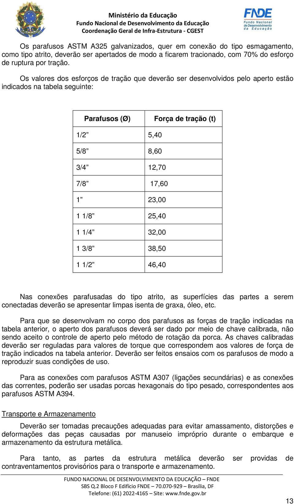 25,40 1 1/4 32,00 1 3/8 38,50 1 1/2 46,40 Nas conexões parafusadas do tipo atrito, as superfícies das partes a serem conectadas deverão se apresentar limpas isenta de graxa, óleo, etc.