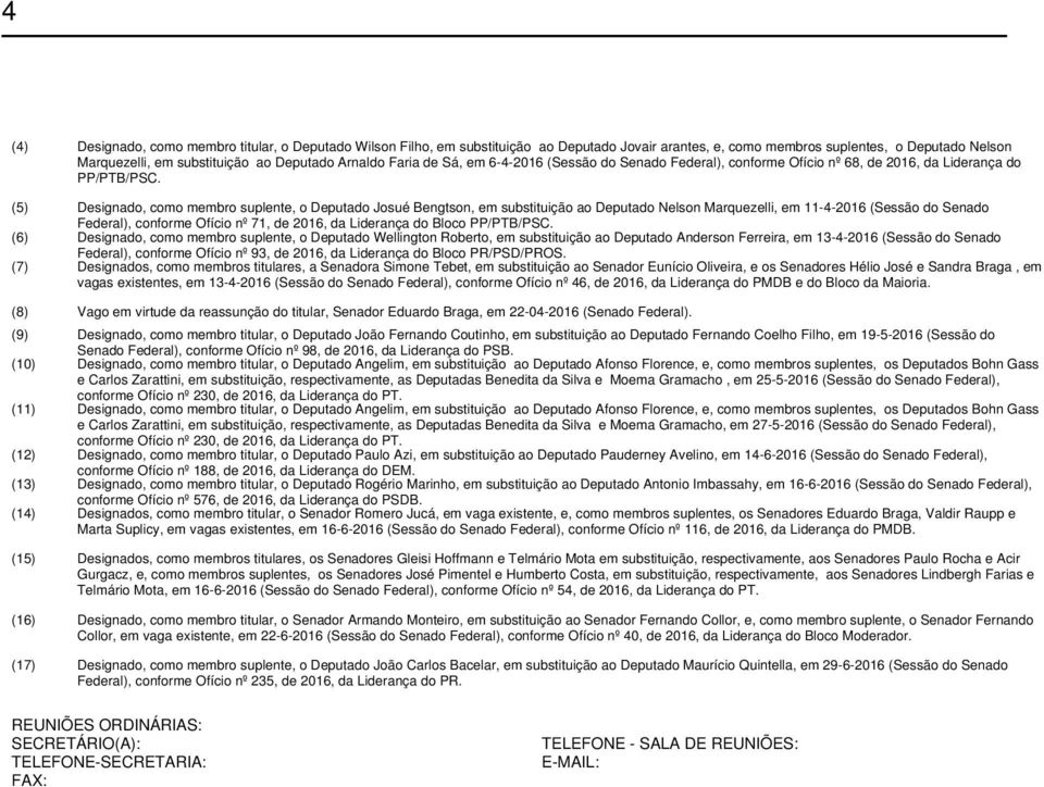 (5) Designado, como membro suplente, o Deputado Josué Bengtson, em substituição ao Deputado Nelson Marquezelli, em 11-4-2016 (Sessão do Senado Federal), conforme Ofício nº 71, de 2016, da Liderança