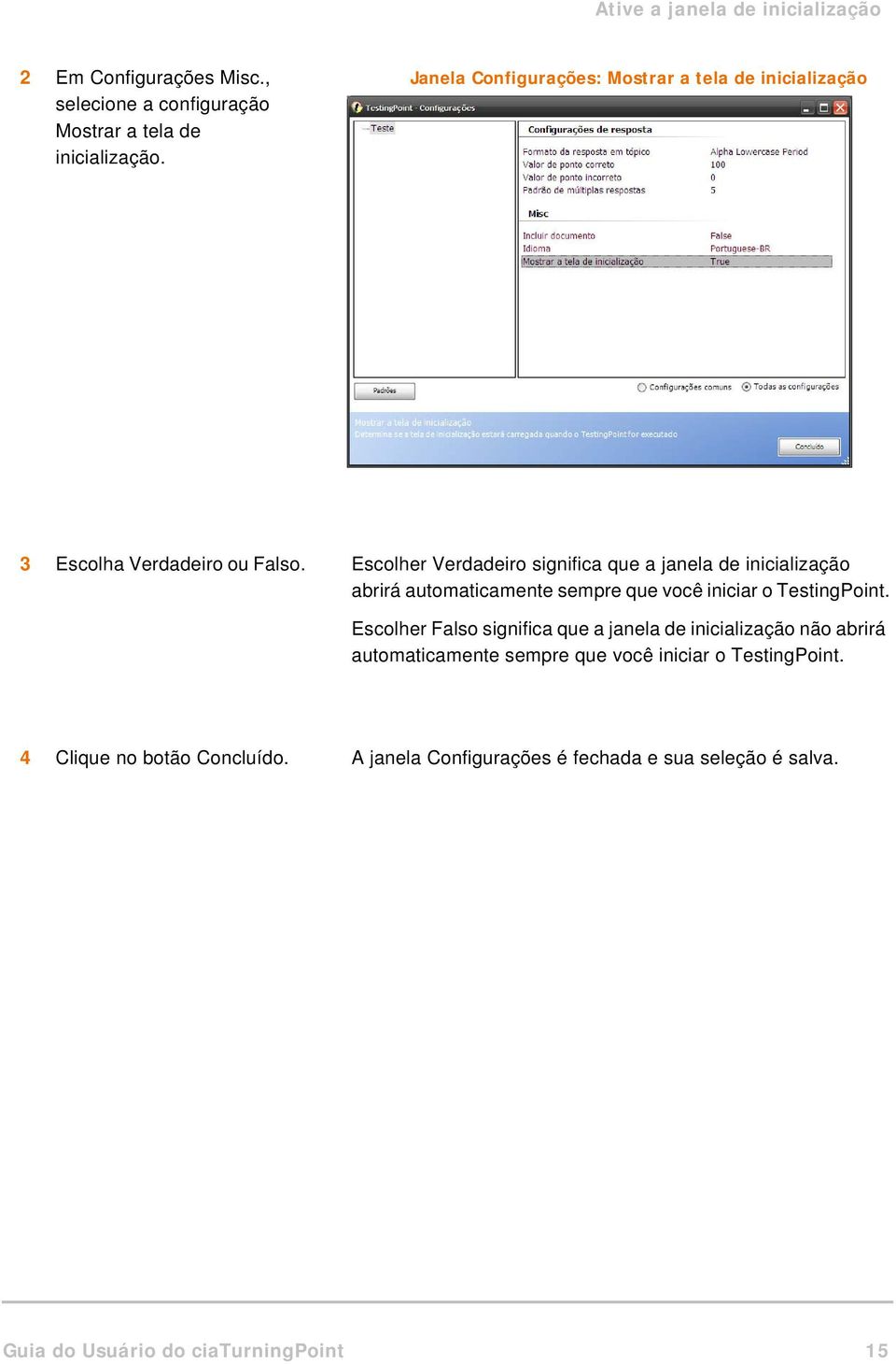 Escolher Verdadeiro significa que a janela de inicialização abrirá automaticamente sempre que você iniciar o TestingPoint.