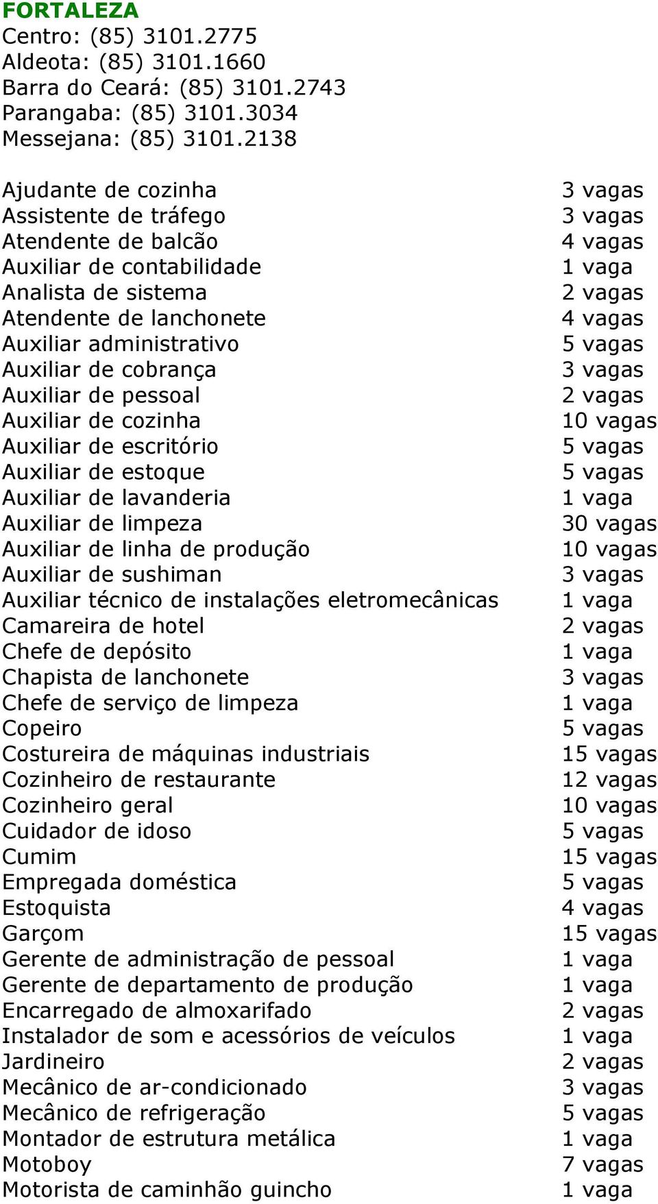 pessoal Auxiliar de escritório Auxiliar de estoque Auxiliar de lavanderia Auxiliar de limpeza Auxiliar de sushiman Auxiliar técnico de instalações eletromecânicas Camareira de hotel Chefe de depósito