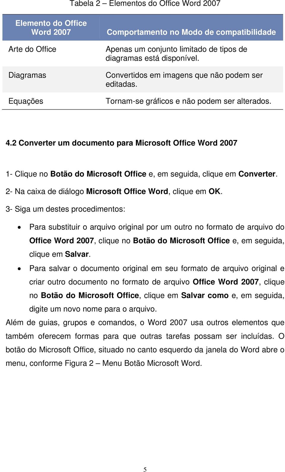 2 Converter um documento para Microsoft Office Word 2007 1- Clique no Botão do Microsoft Office e, em seguida, clique em Converter. 2- Na caixa de diálogo Microsoft Office Word, clique em OK.