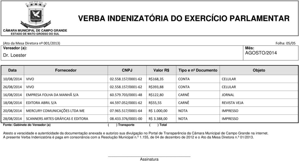 157/0001-62 R$393,88 CONTA CELULAR 16/08/2014 EMPRESA FOLHA DA MANHÃ S/A 60.579.