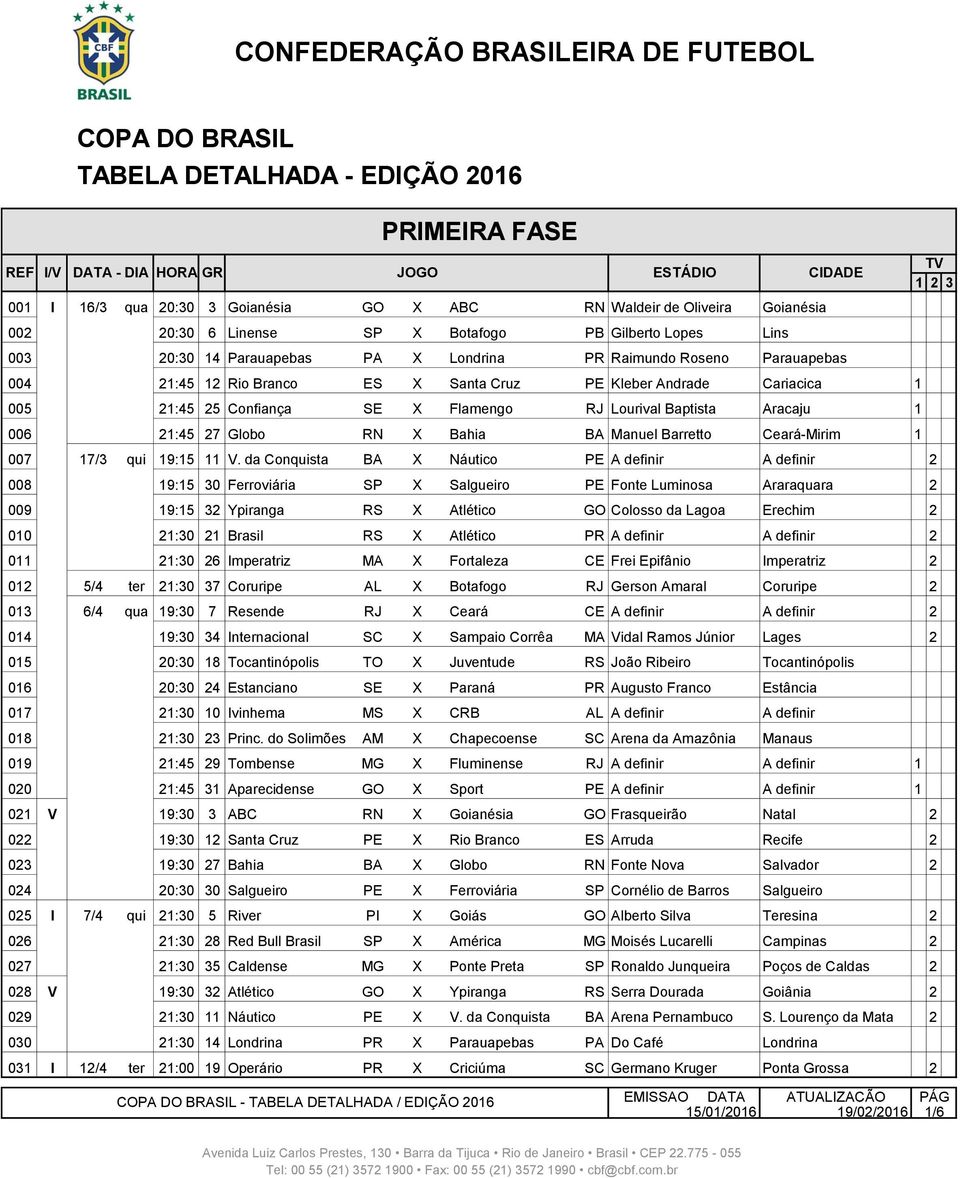 Confiança SE X Flamengo RJ Lourival Baptista Aracaju 1 006 I 16/3 qua 21:45 27 Globo RN X Bahia BA Manuel Barretto Ceará-Mirim 1 007 I 17/3 qui 19:15 11 V.