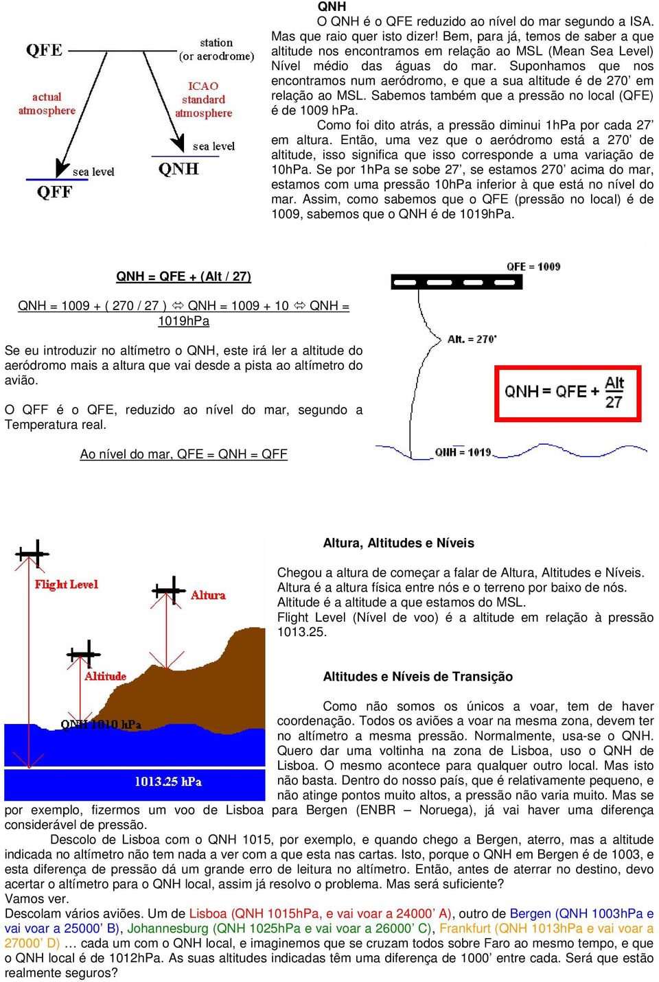 Suponhamos que nos encontramos num aeródromo, e que a sua altitude é de 270 em relação ao MSL. Sabemos também que a pressão no local (QFE) é de 1009 hpa.