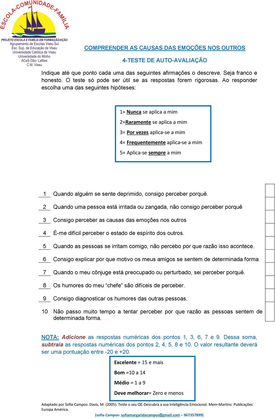 2 Quando uma pessoa está irritada ou zangada, não consigo perceber porquê 3 Consigo perceber as causas das emoções nos outros 4 É-me difícil perceber o estado de espírito dos outros.