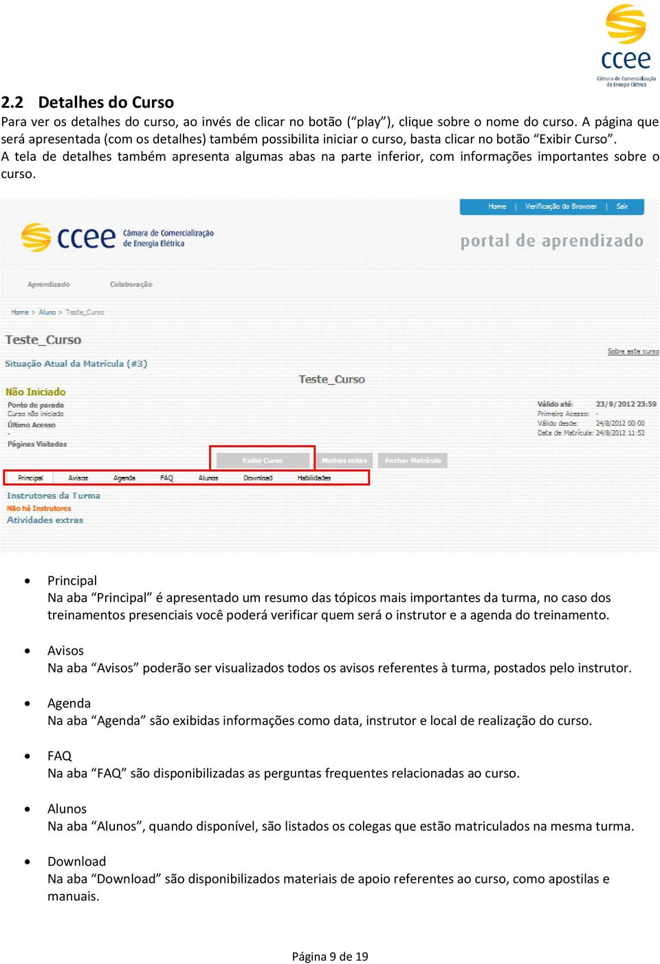 A tela de detalhes também apresenta algumas abas na parte inferior, com informações importantes sobre o curso.