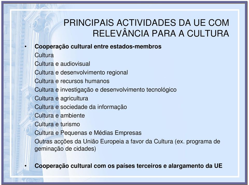 agricultura Cultura e sociedade da informação Cultura e ambiente Cultura e turismo Cultura e Pequenas e Médias Empresas Outras