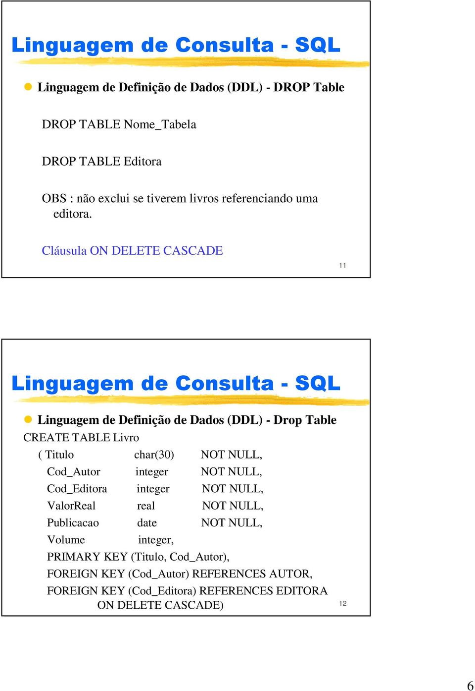 Cláusula ON DELETE CASCADE 11 Linguagem de Definição de Dados (DDL) - Drop Table CREATE TABLE Livro ( Titulo char(30) NOT NULL, Cod_Autor