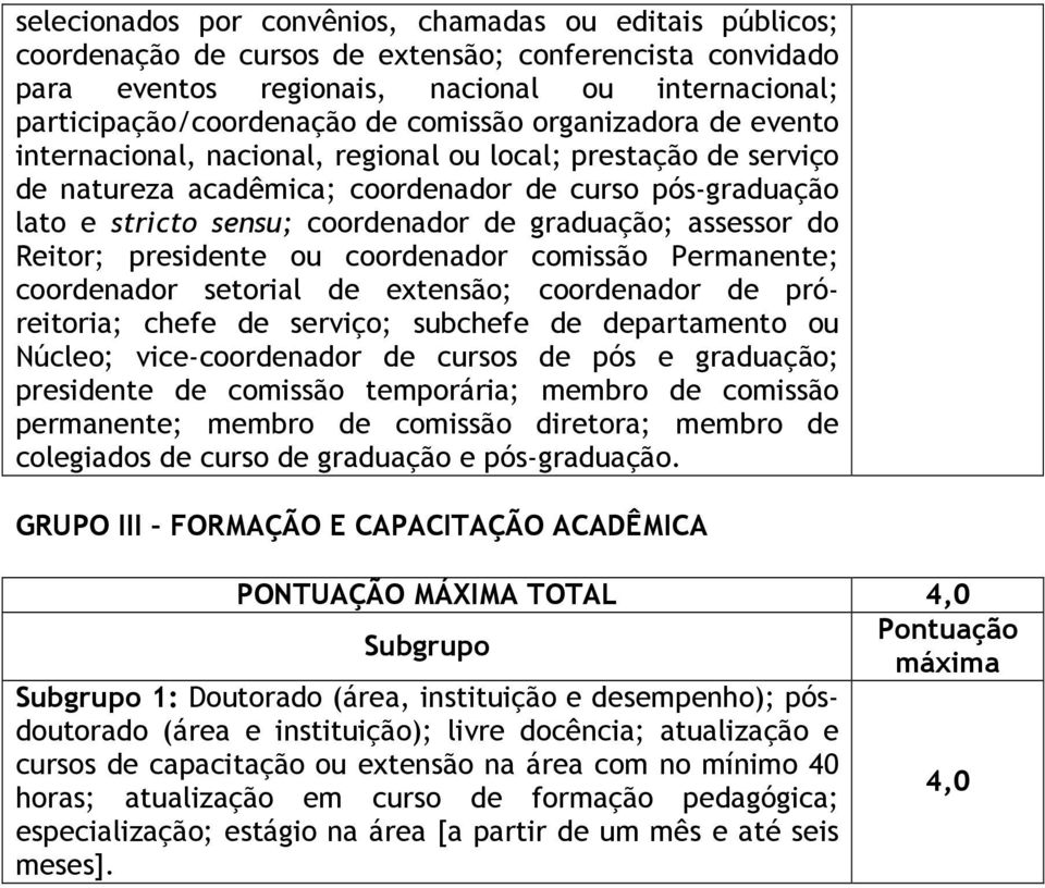 graduação; assessor do Reitor; presidente ou coordenador comissão Permanente; coordenador setorial de extensão; coordenador de próreitoria; chefe de serviço; subchefe de departamento ou Núcleo;