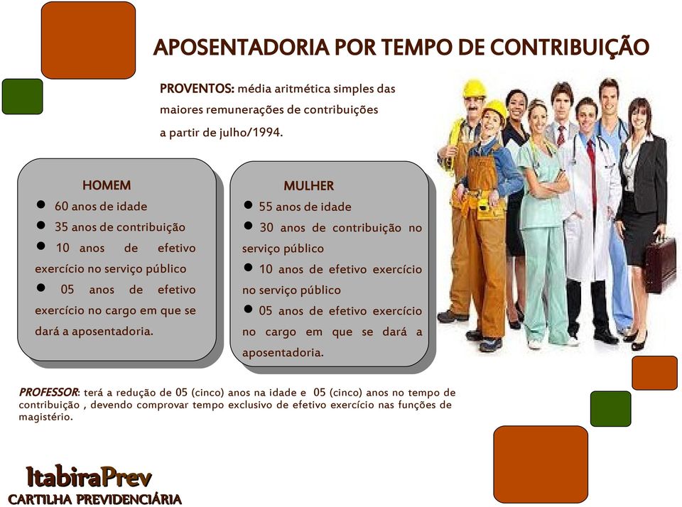 MULHER 55 anos de idade 30 anos de contribuição no serviço público 10 anos de efetivo exercício no serviço público 05 anos de efetivo exercício no cargo em que se dará