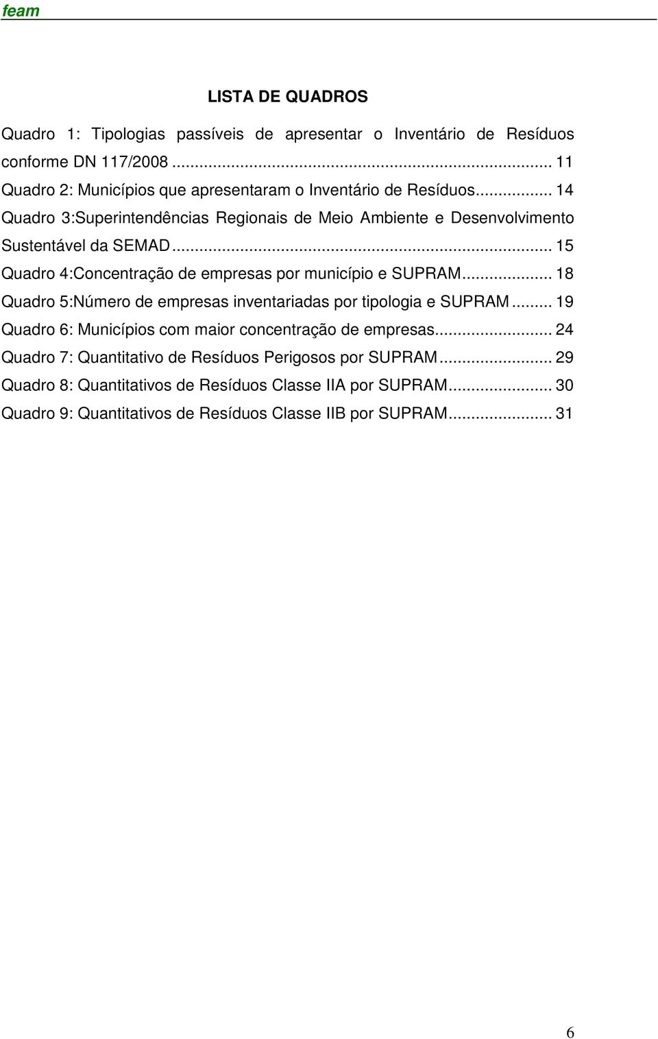 .. 15 Quadro 4:Concentração de empresas por município e SUPRAM... 18 Quadro 5:Número de empresas inventariadas por tipologia e SUPRAM.