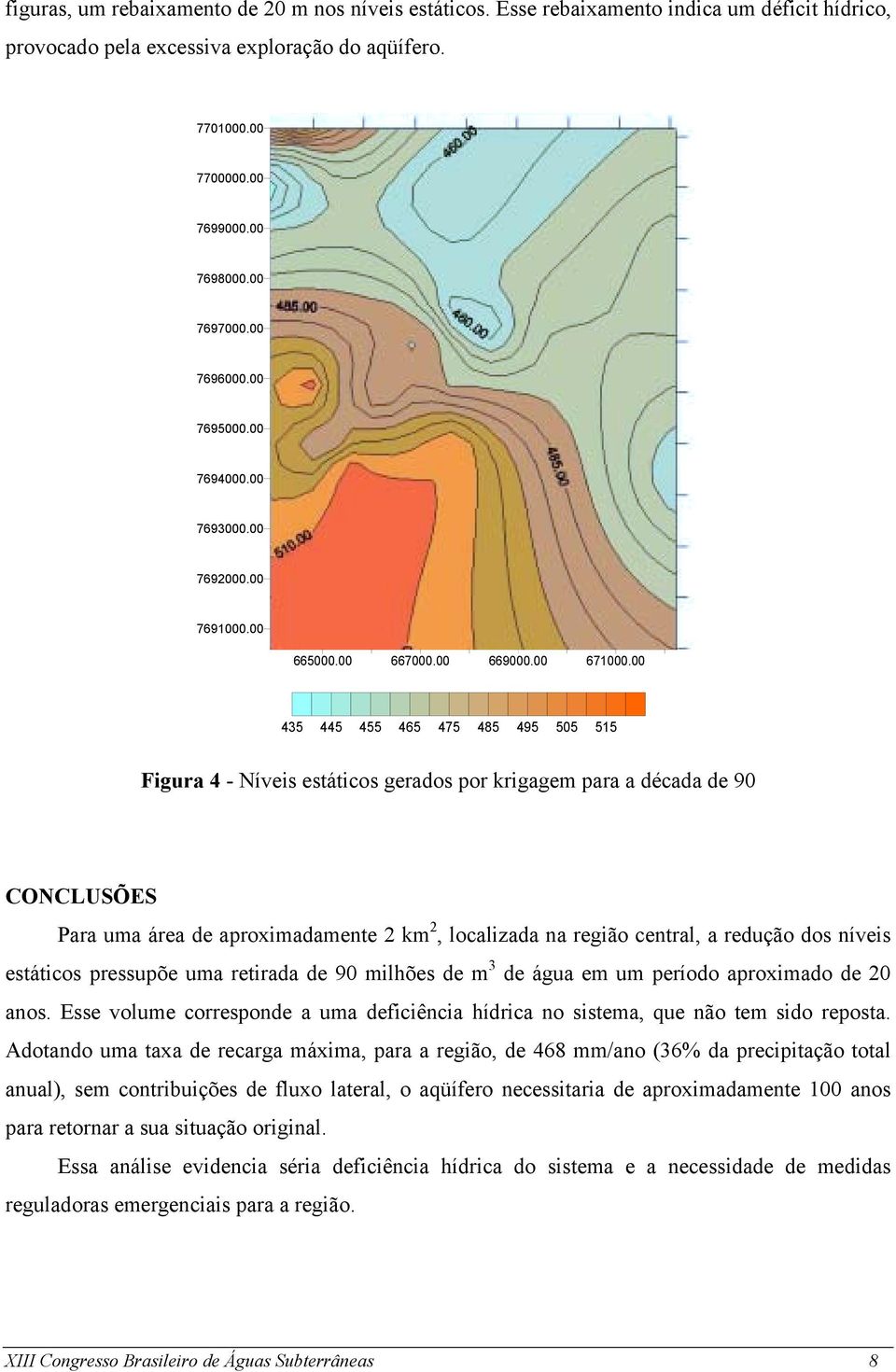 00 435 445 455 465 475 485 495 505 515 Figura 4 - Níveis estáticos gerados por krigagem para a década de 90 CONCLUSÕES Para uma área de aproximadamente 2 km 2, localizada na região central, a redução