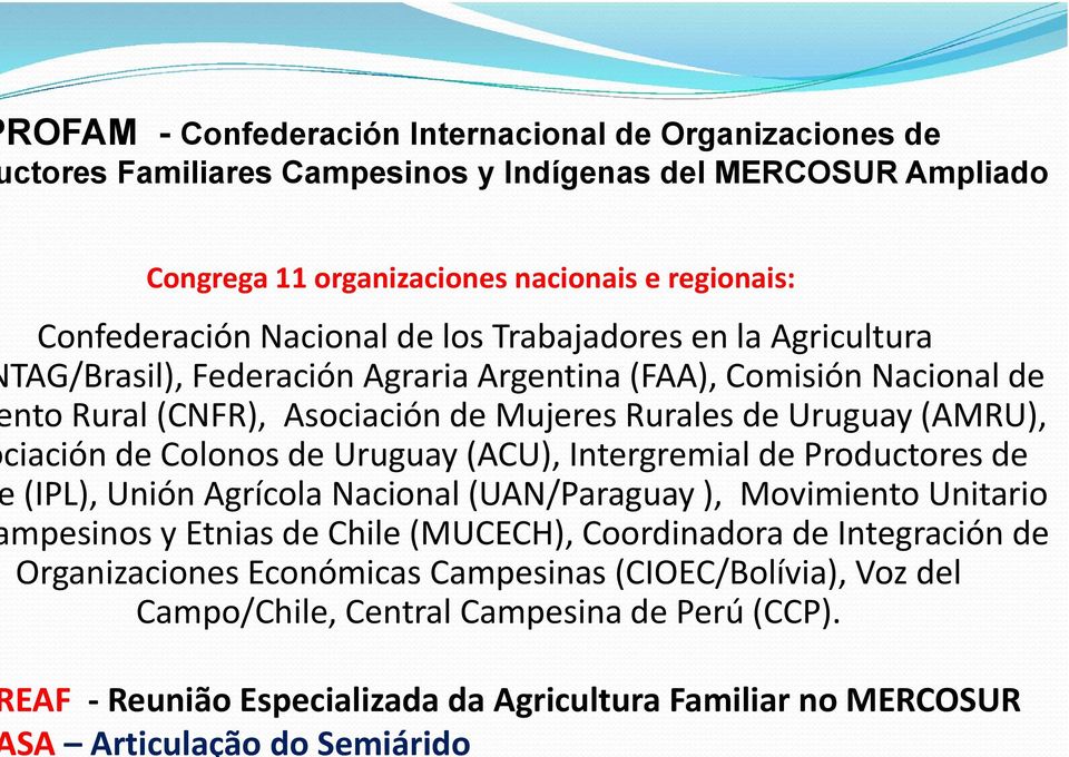 Nacional de nto Rural (CNFR), Asociación de Mujeres Rurales de Uruguay (AMRU), ciación de Colonos de Uruguay (ACU), Intergremial de Productores de (IPL), Unión Agrícola Nacional (UAN/Paraguay