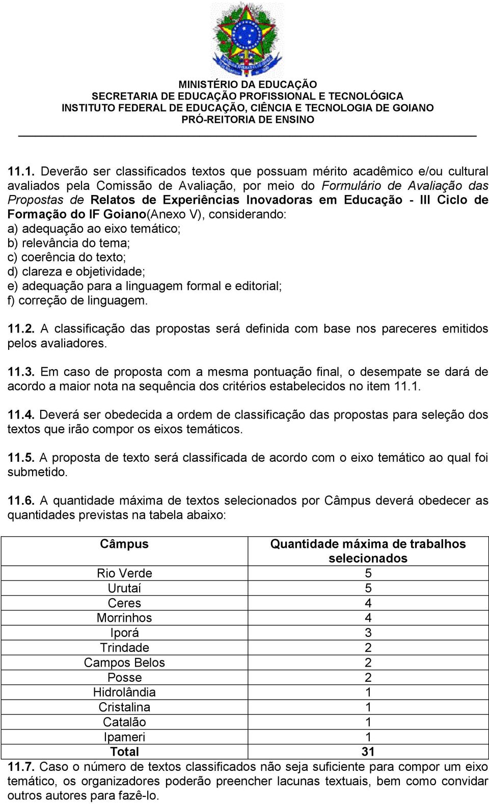 adequação para a linguagem formal e editorial; f) correção de linguagem. 11.2. A classificação das propostas será definida com base nos pareceres emitidos pelos avaliadores. 11.3.