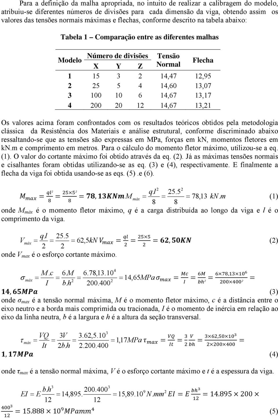 13,07 3 100 10 6 14,67 13,17 4 200 20 12 14,67 13,21 Os valores acima foram confrontados com os resultados teóricos obtidos pela metodologia clássica da Resistência dos Materiais e análise