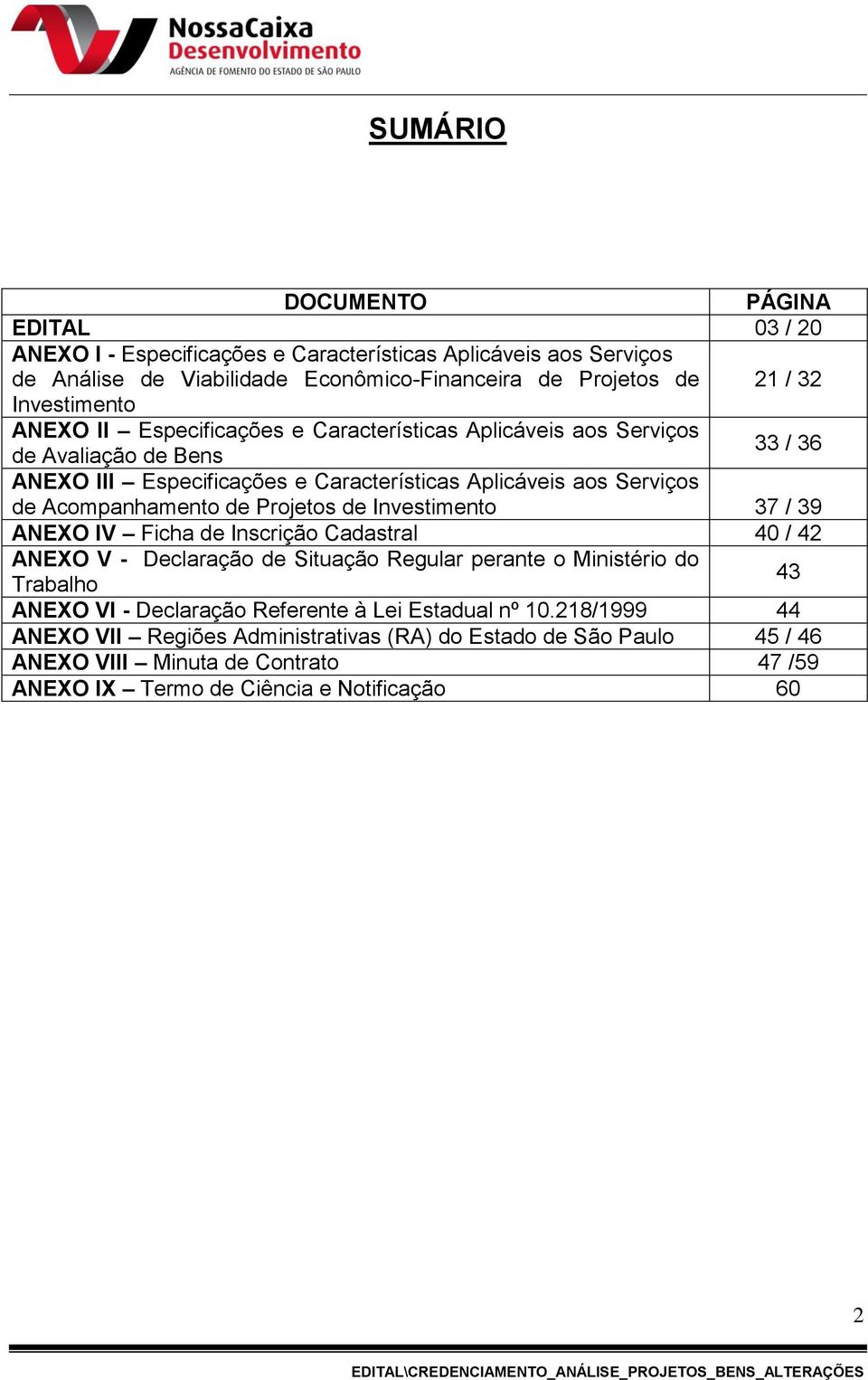 Acompanhamento de Projetos de Investimento 37 / 39 ANEXO IV Ficha de Inscrição Cadastral 40 / 42 ANEXO V - Declaração de Situação Regular perante o Ministério do Trabalho 43 ANEXO VI -