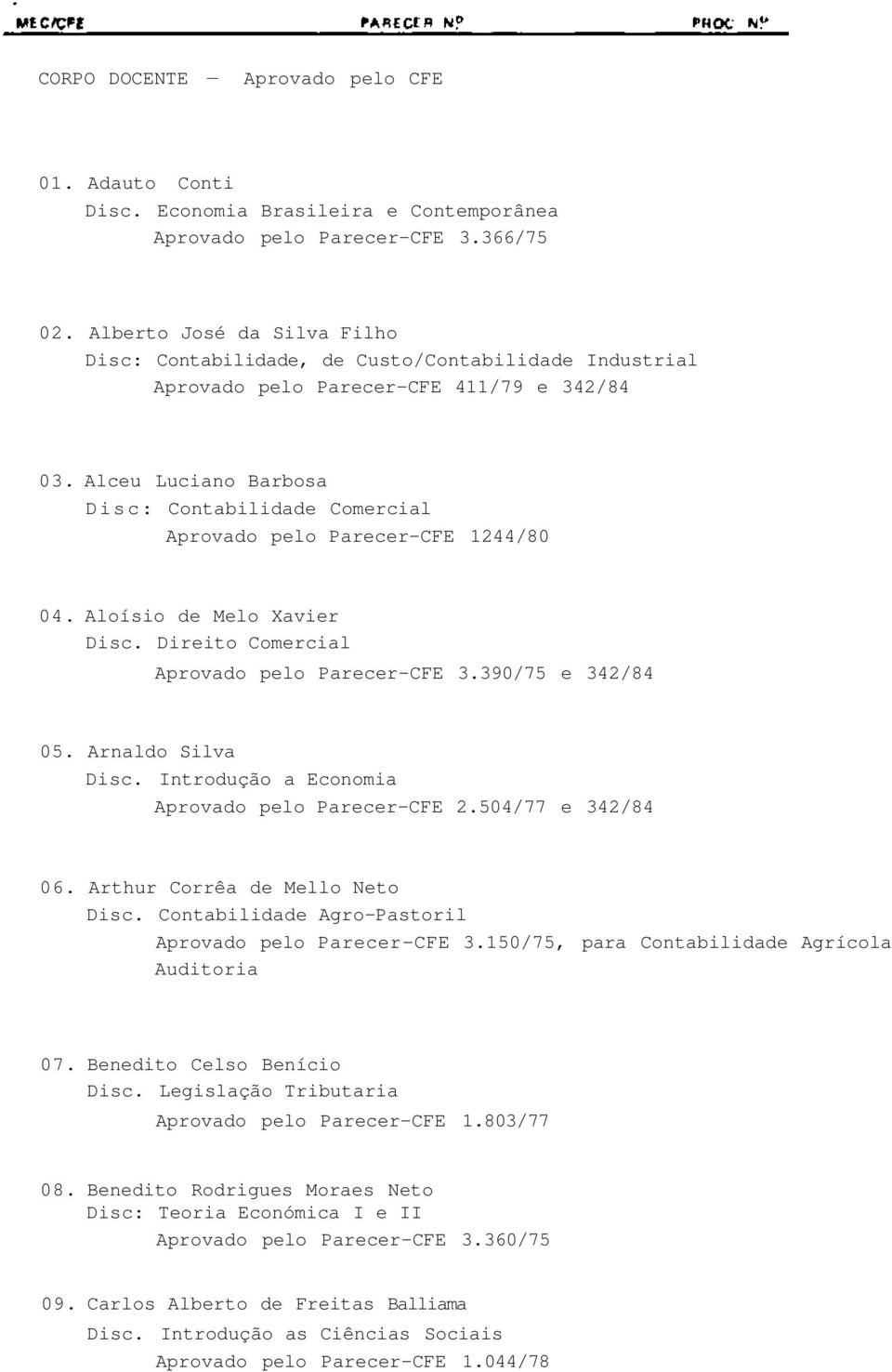 Alceu Luciano Barbosa Disc: Contabilidade Comercial Aprovado pelo Parecer-CFE 1244/80 04. Aloísio de Melo Xavier Disc. Direito Comercial Aprovado pelo Parecer-CFE 3.390/75 e 342/84 05.