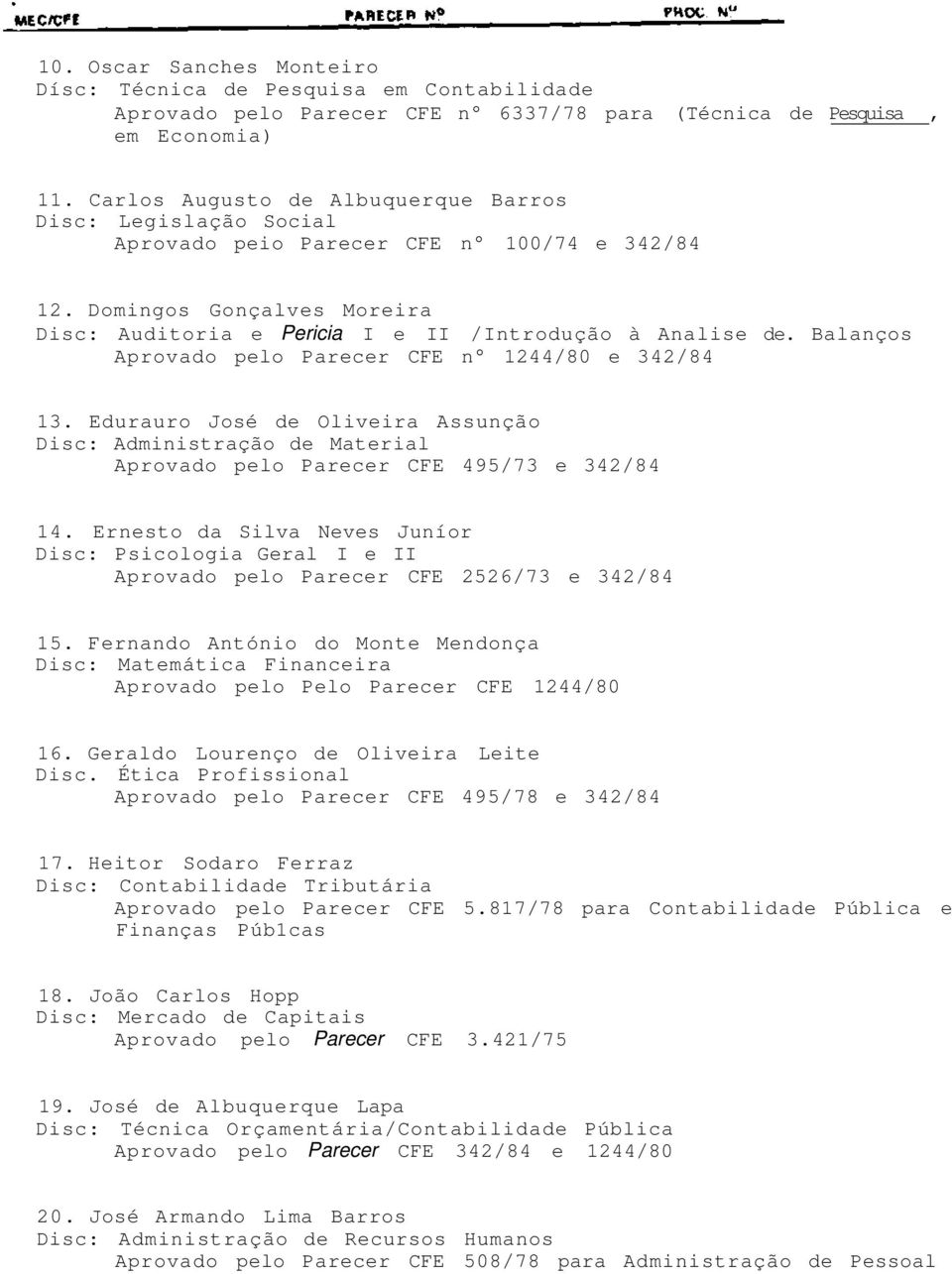 Balanços Aprovado pelo Parecer CFE n 1244/80 e 342/84 13. Edurauro José de Oliveira Assunção Disc: Administração de Material Aprovado pelo Parecer CFE 495/73 e 342/84 14.