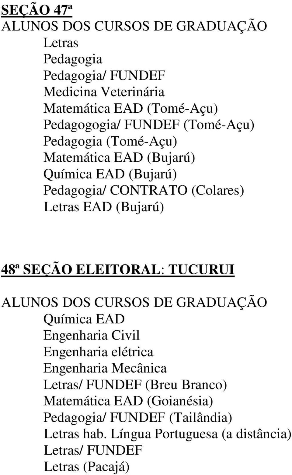 ELEITORAL: TUCURUI Química EAD Engenharia Civil Engenharia elétrica Engenharia Mecânica / FUNDEF (Breu