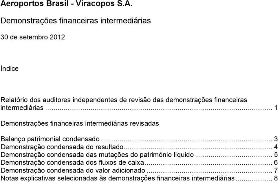 .. 3 Demonstração condensada do resultado... 4 Demonstração condensada das mutações do patrimônio líquido.