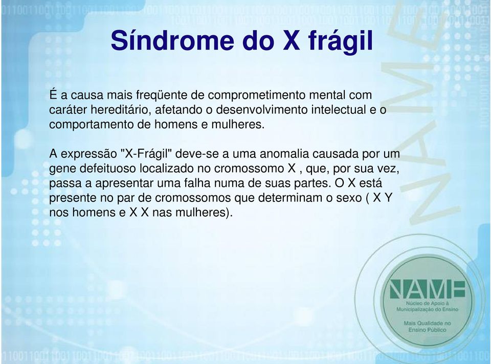 A expressão "X-Frágil" deve-se a uma anomalia causada por um gene defeituoso localizado no cromossomo X, que,