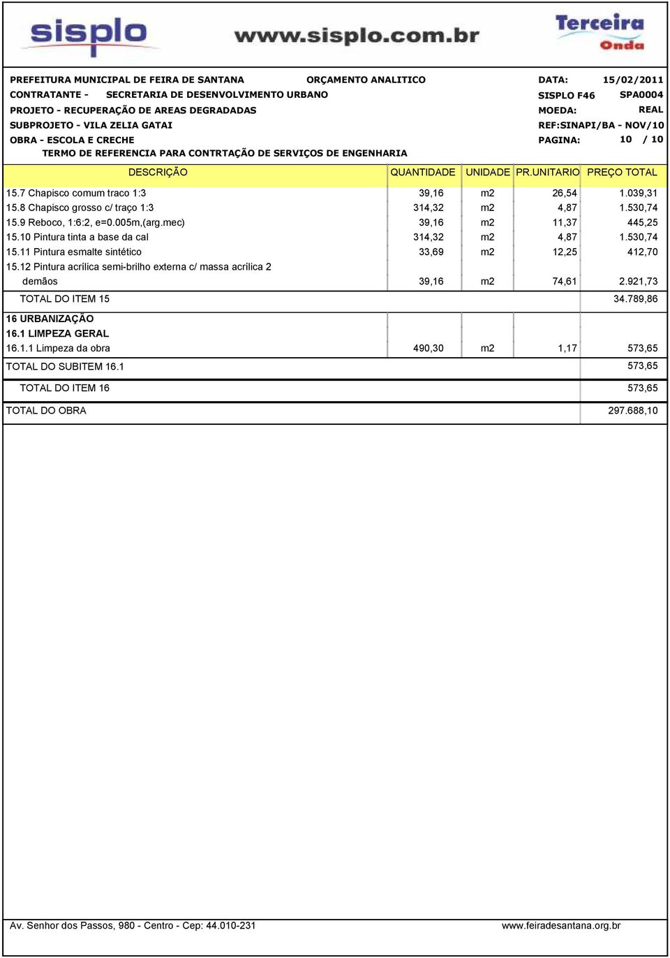 12 Pintura acrílica semi-brilho externa c/ massa acrílica 2 demãos 39,16 m2 74,61 2.921,73 TOTAL DO ITEM 15 34.789,86 16 URBANIZAÇÃO 16.