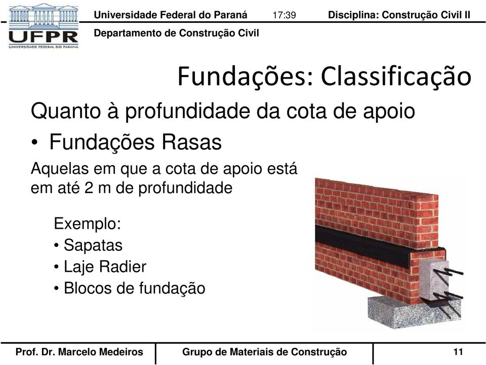 de profundidade Exemplo: Sapatas Laje Radier Blocos de fundação