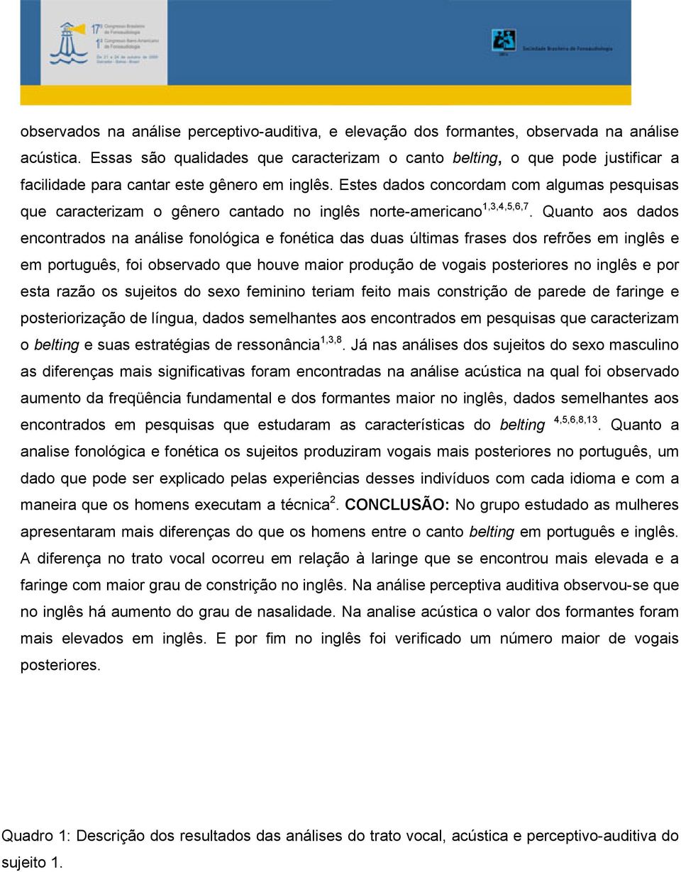 Estes dados concordam com algumas pesquisas que caracterizam o gênero cantado no inglês norte-americano 1,3,4,5,6,7.