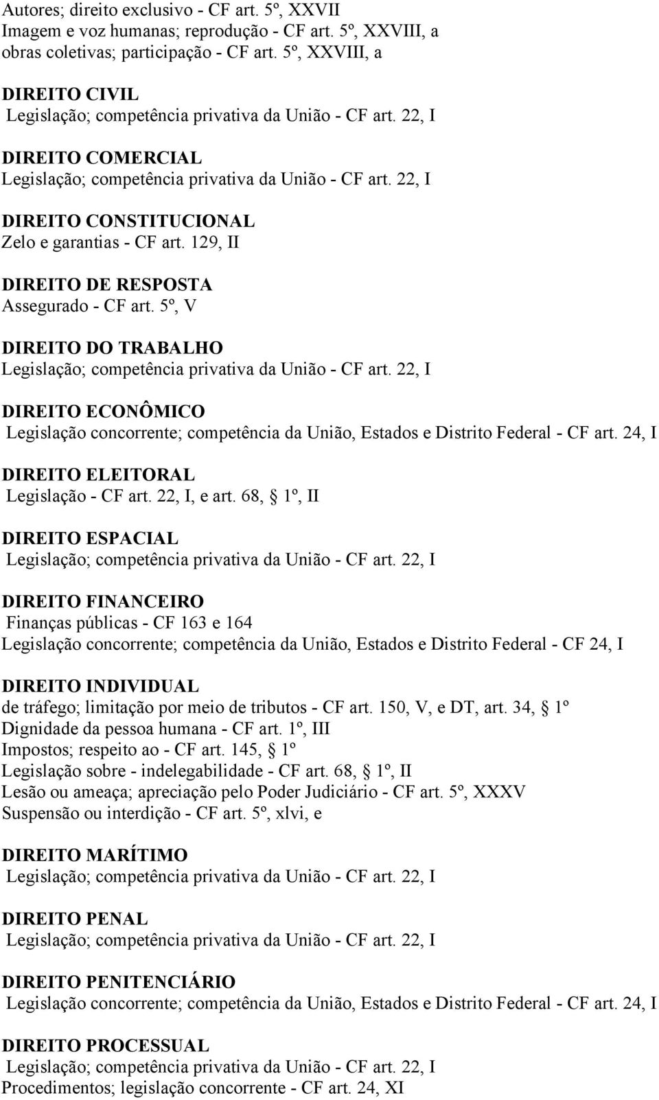 22, I DIREITO CONSTITUCIONAL Zelo e garantias - CF art. 129, II DIREITO DE RESPOSTA Assegurado - CF art. 5º, V DIREITO DO TRABALHO Legislação; competência privativa da União - CF art.