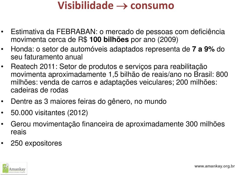 movimenta aproximadamente 1,5 bilhão de reais/ano no Brasil: 800 milhões: venda de carros e adaptações veiculares; 200 milhões: cadeiras de