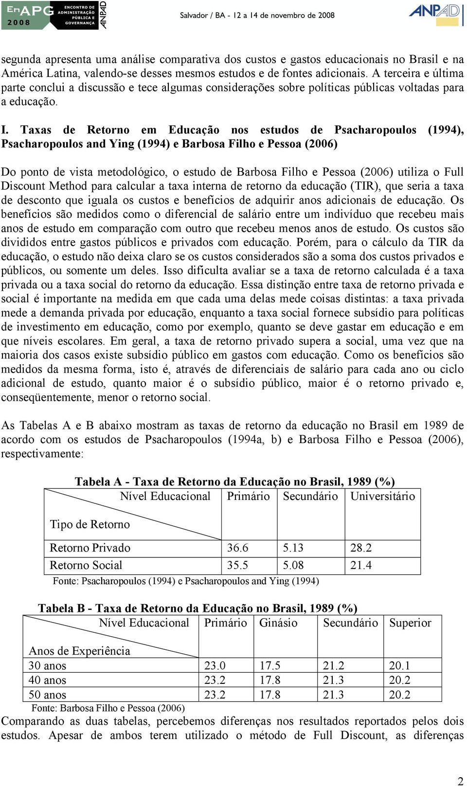 Taxas de Retorno em Educação nos estudos de Psacharopoulos (1994), Psacharopoulos and Ying (1994) e Barbosa Filho e Pessoa (2006) Do ponto de vista metodológico, o estudo de Barbosa Filho e Pessoa