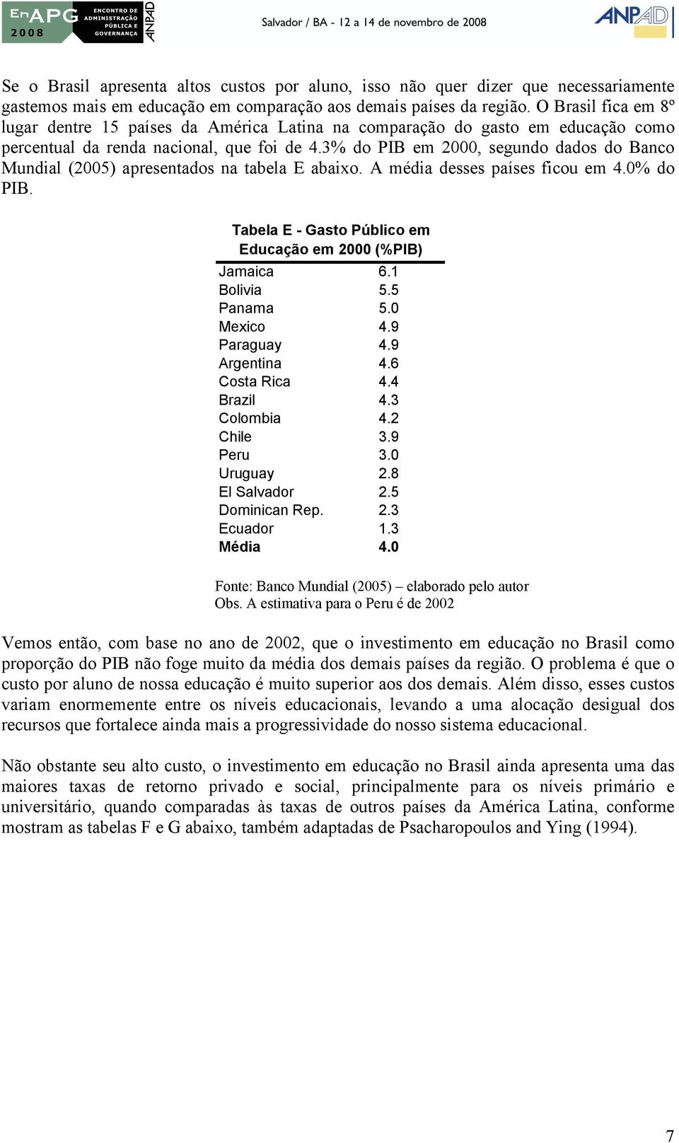 3% do PIB em 2000, segundo dados do Banco Mundial (2005) apresentados na tabela E abaixo. A média desses países ficou em 4.0% do PIB. Tabela E - Gasto Público em Educação em 2000 (%PIB) Jamaica 6.