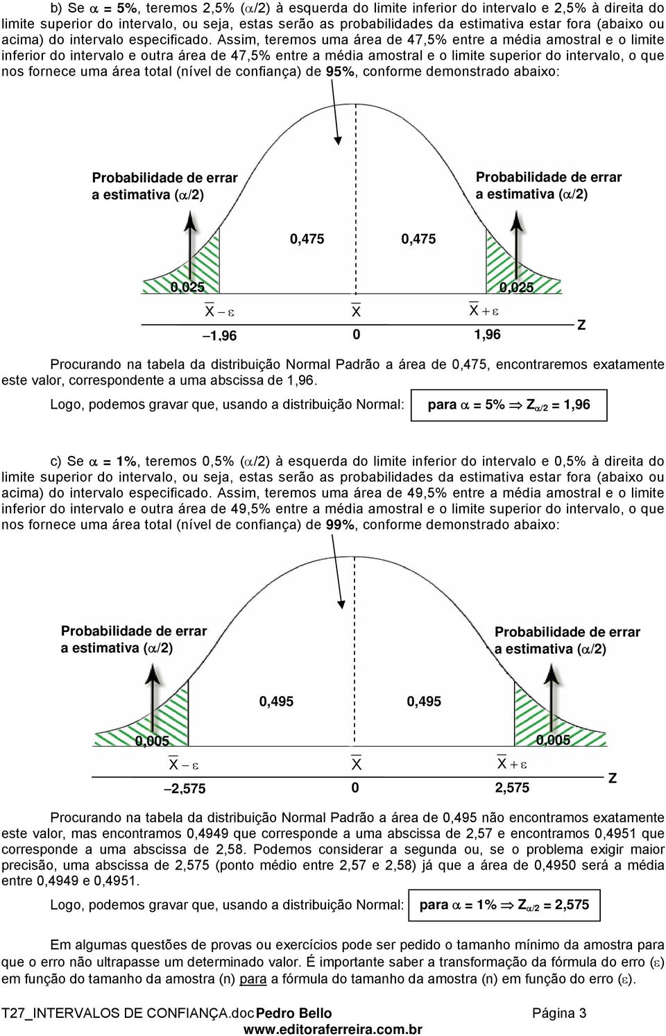 Assim, teremos uma área de 47,5% etre a média amostral e o limite iferior do itervalo e outra área de 47,5% etre a média amostral e o limite superior do itervalo, o que os forece uma área total (ível