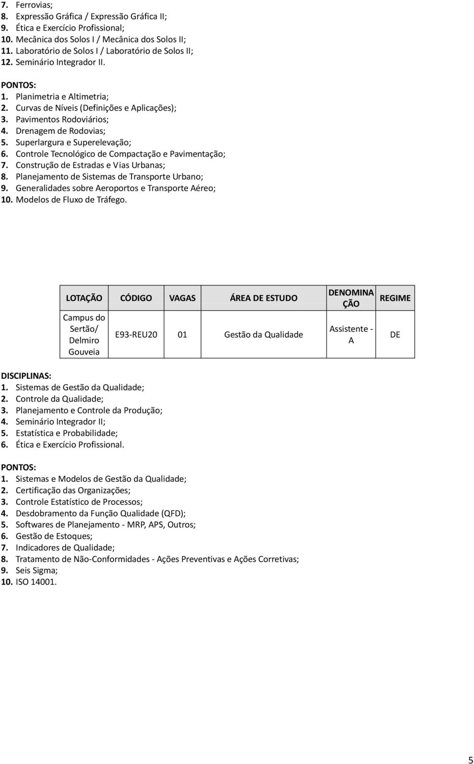 Drenagem de Rodovias; 5. Superlargura e Superelevação; 6. Controle Tecnológico de Compactação e Pavimentação; 7. Construção de Estradas e Vias Urbanas; 8.