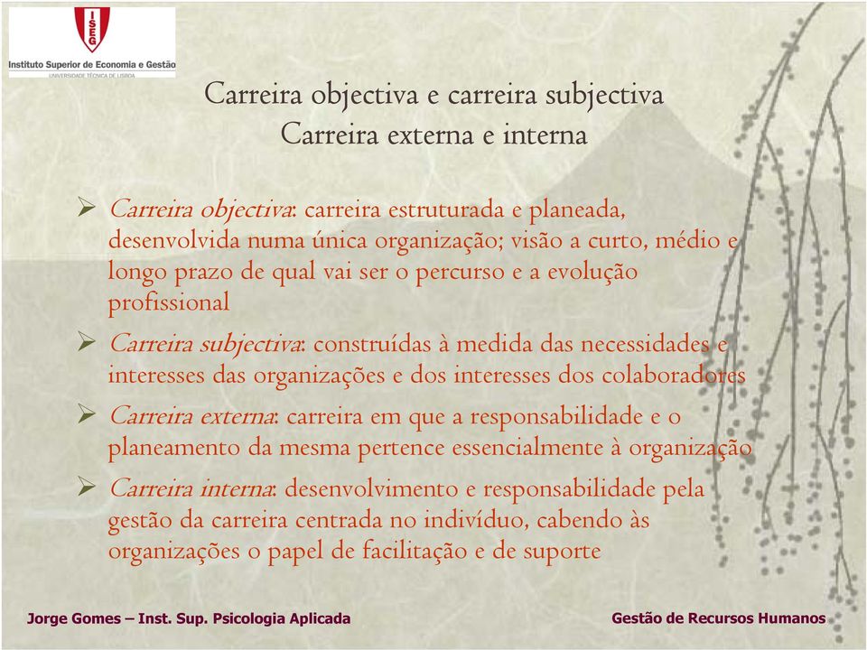 das organizações e dos interesses dos colaboradores Carreira externa: carreira em que a responsabilidade e o planeamento da mesma pertence essencialmente à