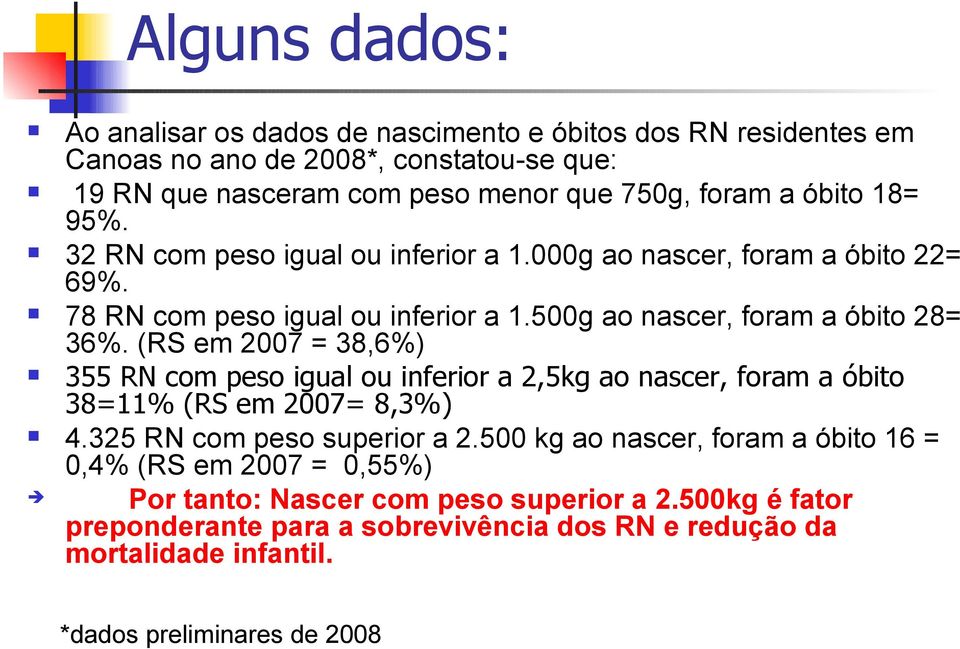 (RS em 2007 = 38,6%) 355 RN com peso igual ou inferior a 2,5kg ao nascer, foram a óbito 38=11% (RS em 2007= 8,3%) 4.325 RN com peso superior a 2.