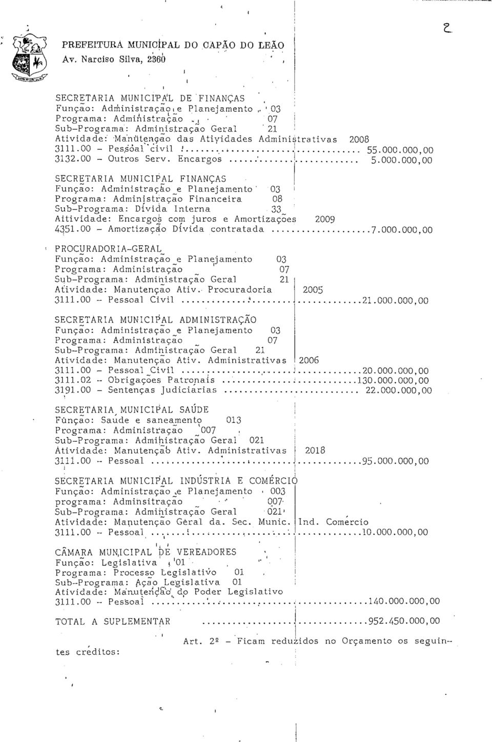 000,00 3132.00 - Outros Serv. Encargos ' l 5.000.000,00 SECRETARIA MUNICIPAL FINANÇAS Função: Admnstração _e Planejamento ' 03 Programa: Admnstração Fnancera 08 Sub-Programa: Dvda Interna 33