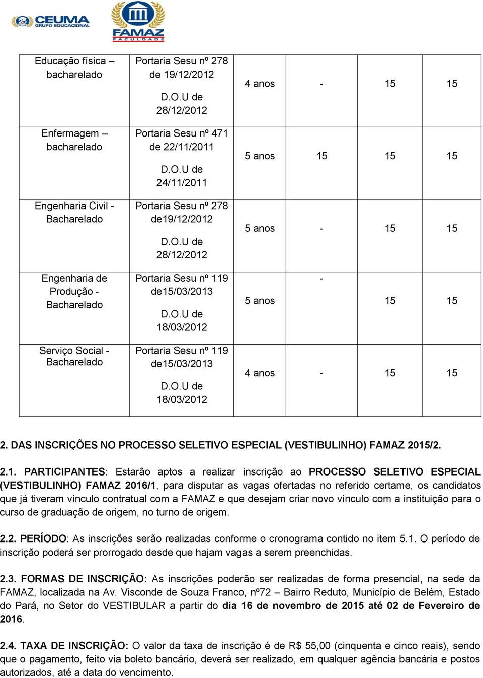 18/03/2012 4 anos - 15 15 2. DAS INSCRIÇÕES NO PROCESSO SELETIVO ESPECIAL (VESTIBULINHO) FAMAZ 2015/2. 2.1. PARTICIPANTES: Estarão aptos a realizar inscrição ao PROCESSO SELETIVO ESPECIAL