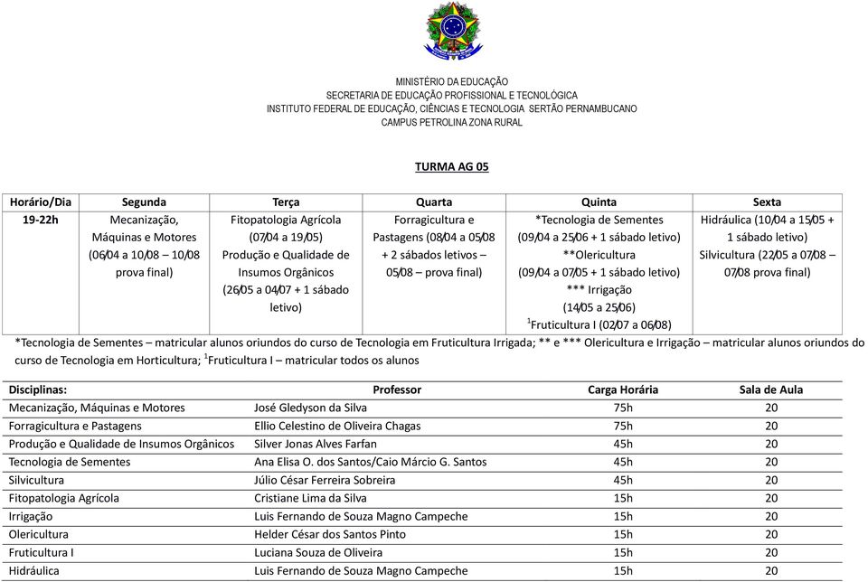 Irrigação (14/05 a 25/06) 1 Fruticultura I (02/07 a 06/08) Hidráulica (10/04 a 15/05 + 1 sábado letivo) Silvicultura (22/05 a 07/08 07/08 prova final) *Tecnologia de Sementes matricular alunos