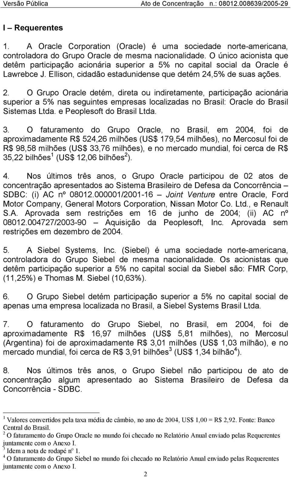 ,5% de suas ações. 2. O Grupo Oracle detém, direta ou indiretamente, participação acionária superior a 5% nas seguintes empresas localizadas no Brasil: Oracle do Brasil Sistemas Ltda.